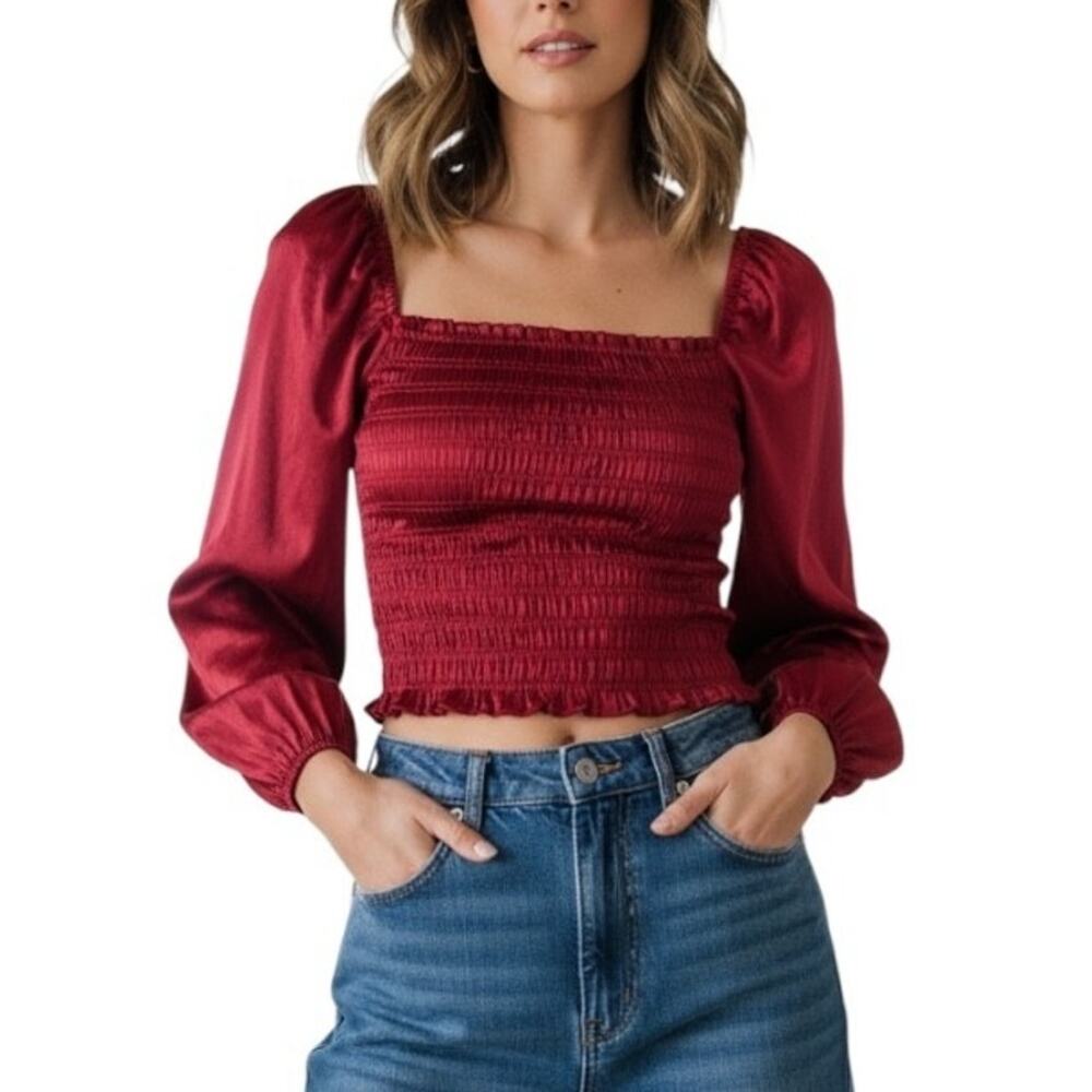 BAGATELLE TOP Size L Red Wine Crop‎ Velvet Prairie Smocked Blouse Holiday Wear